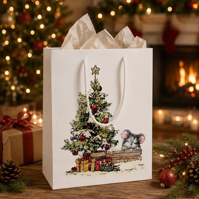 Sacola Para Presentes Média Rato de Natal sob a Árvore (Criador carregado)