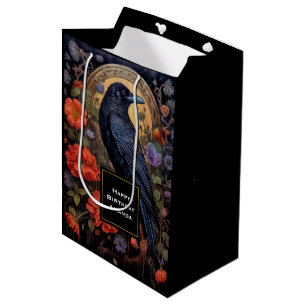Sacola Para Presentes Média Raven Preto com Flores Design Gótico Aniversário