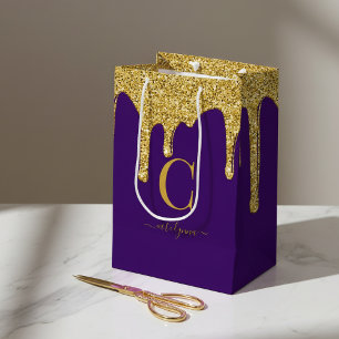Sacola Para Presentes Média Real Roxo Glitter Glitter Dourado Glitter Monogram