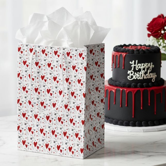 Sacola Para Presentes Média Red and Black Hand Drawn Doodle Hearts (cute red and black hand drawn doodle hearts gift bag for her him Valentines Day)