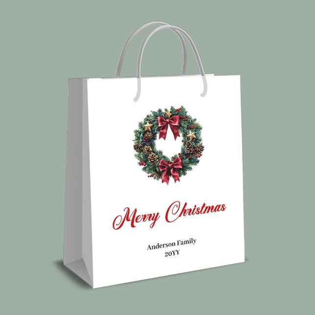 Sacola Para Presentes Média Red and gold pine wreath Christmas bag custom name (Red and gold pine wreath Christmas bag custom name)