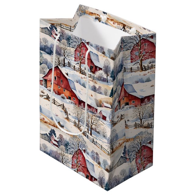 Sacola Para Presentes Média Red Barn Winter na Fazenda (Frente inclinada)