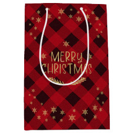 Sacola Para Presentes Média Red Buffalo Xadrez Dourada Flocos de Neve Feliz Na