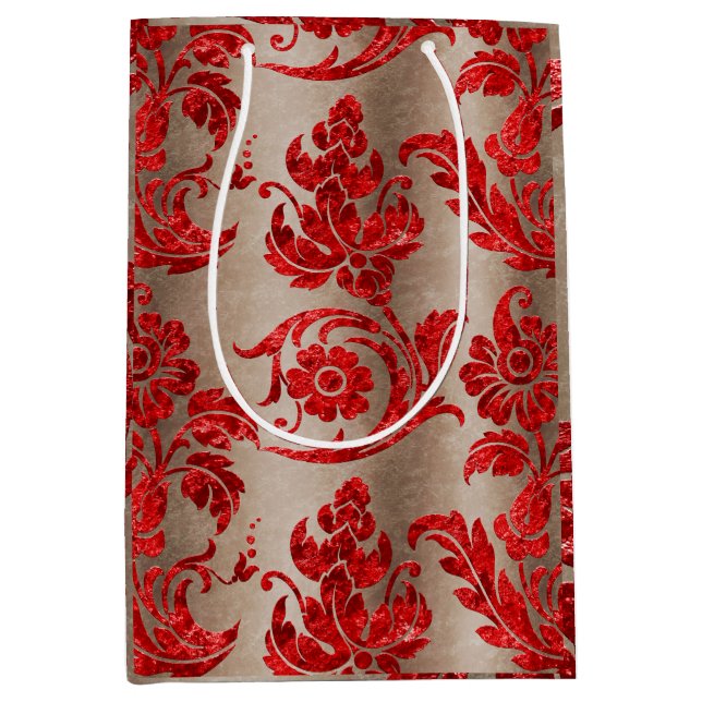 Sacola Para Presentes Média Red Dourado Faux Velvet Damask Elegant (Frente)