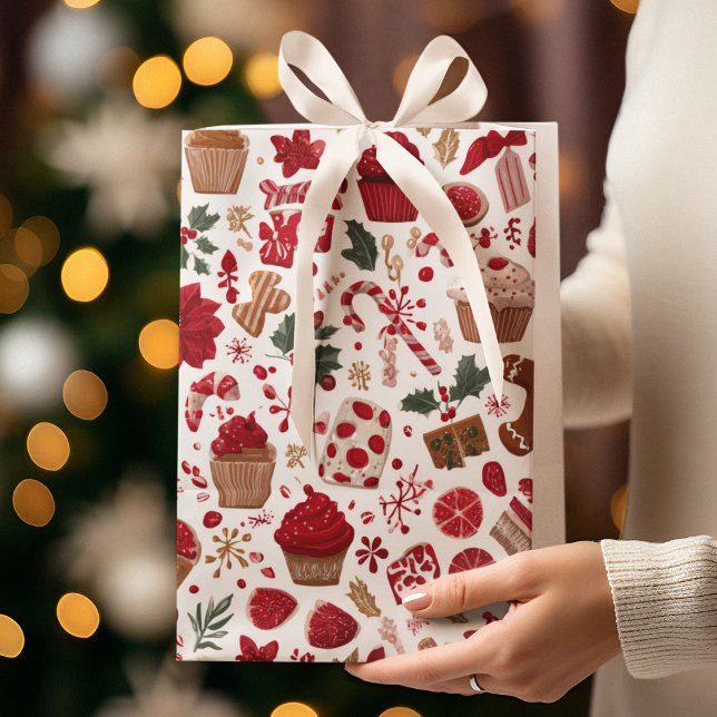 Sacola Para Presentes Média Red Festive Christmas Pattern | Gift Bag (Criador carregado)