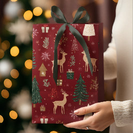 Sacola Para Presentes Média Red Festive Christmas Whimsical Pattern Gift Bag