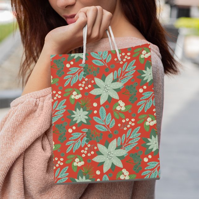 Sacola Para Presentes Média Red Floral Moderno - Feliz Natal (Modern Bold Red Floral Merry Christmas Medium Gift Bag)