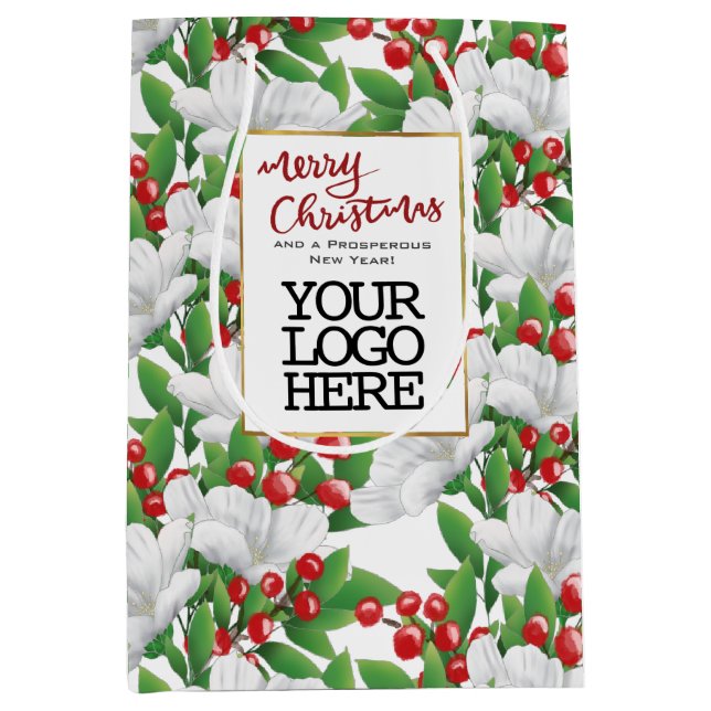 Sacola Para Presentes Média Red Merry Christmas Business Logo Winter Floral (Frente)