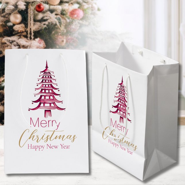 Sacola Para Presentes Média Red Pagoda Árvore de Natal Gift Bag (Red Pagoda Christmas Tree Gift Bag)