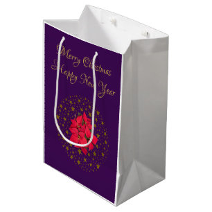 Sacola Para Presentes Média Red Poinsettia Plant on glitter starry roxo sky