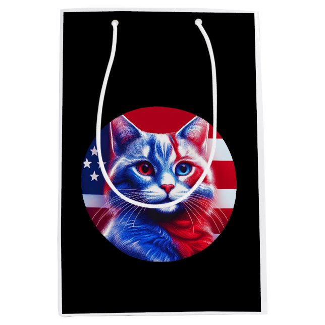Sacola Para Presentes Média Red White & Blue Cat With American Flag Background (Frente)