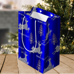 Sacola Para Presentes Média Reindeado de Diamante Estimulante Azul de Natal