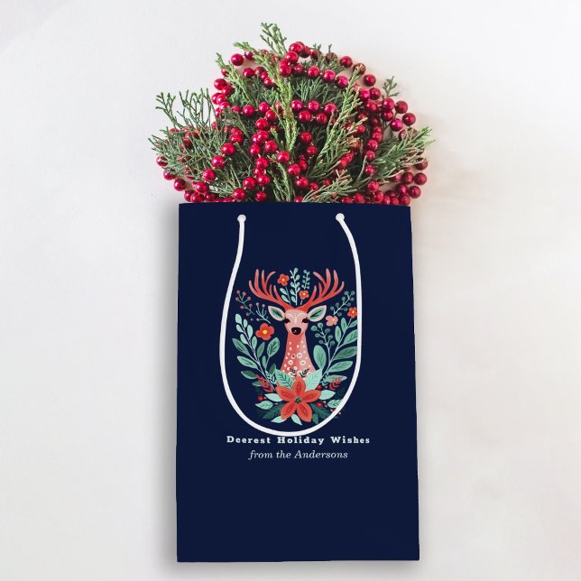Sacola Para Presentes Média Reindeer de Natal Floral Azul Feriado Médio Gif (Criador carregado)