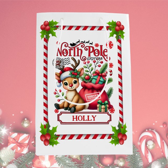 Sacola Para Presentes Média Reindeer de Polo Norte Personalizado (Criador carregado)