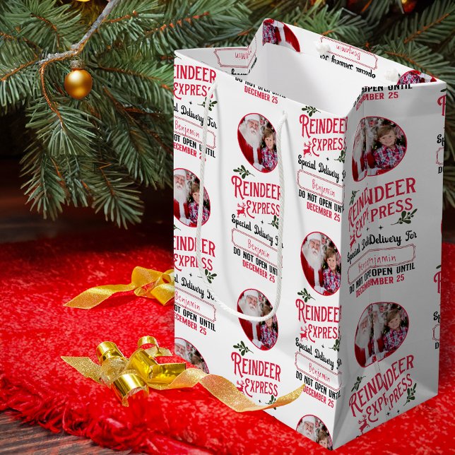 Sacola Para Presentes Média Reindeer Express do Papai noel Nome e Foto Natal (Criador carregado)