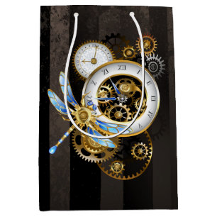 Sacola Para Presentes Média Relógio Steampunk com Dragonfly Mecânica