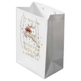 Sacola Para Presentes Média Rena de Natal Dourada Branca