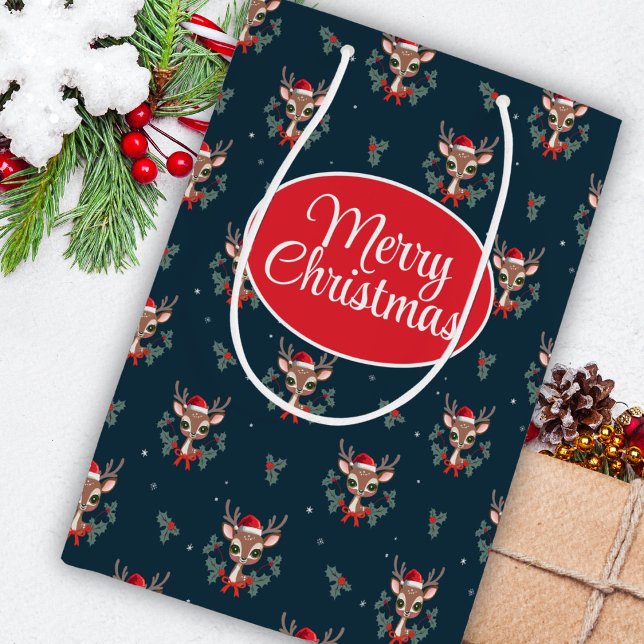 Sacola Para Presentes Média Rena de Natal Fofa (Criador carregado)