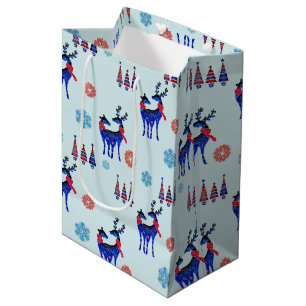 Sacola Para Presentes Média Renas, Árvores de Natal e Padrões de Neve