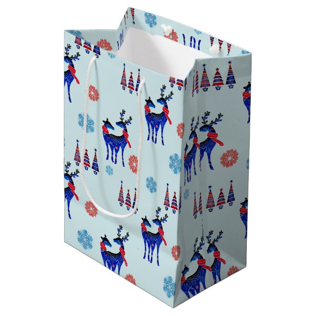 Sacola Para Presentes Média Renas, Árvores de Natal e Padrões de Neve (Frente inclinada)