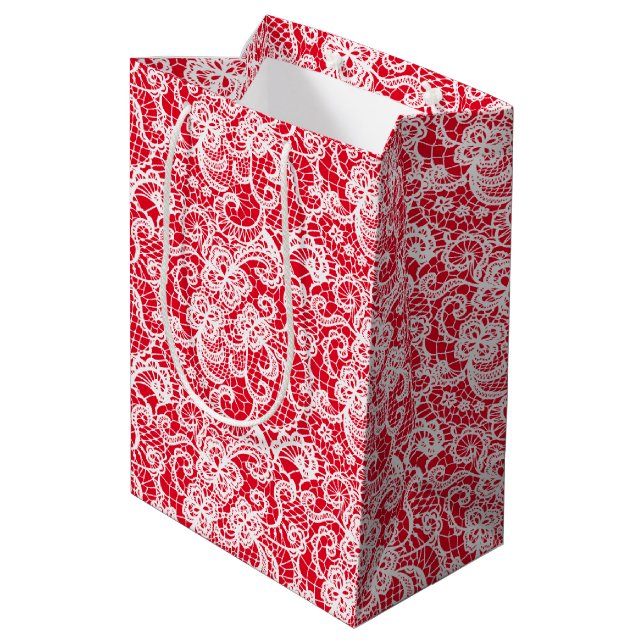 Sacola Para Presentes Média Renda Branca sobre Vermelho (Verso inclinado)