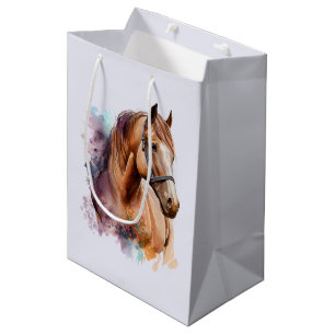 Sacola Para Presentes Média Retrato da cabeça de cavalo marrom em aquarela