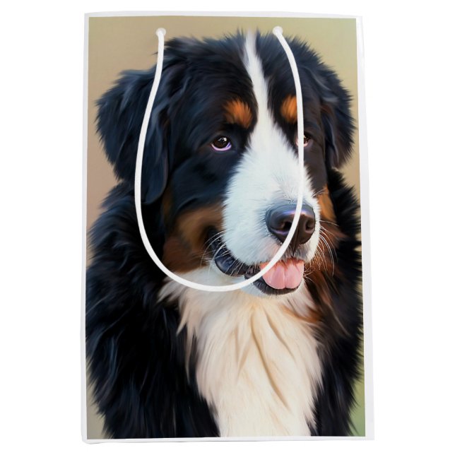 Sacola Para Presentes Média Retrato de Cachorro da Montanha Bernese (Frente)