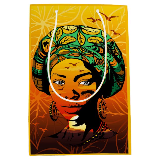 Sacola Para Presentes Média Retrato de Mulher Africana com Sunset (Frente)