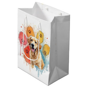 Sacola Para Presentes Média Retriever de Ouro de Aniversário na Impressão de P
