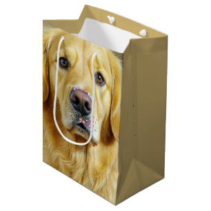 Sacola Para Presentes Média Retriever ouro Com Préguas De Bolo De Aniversário