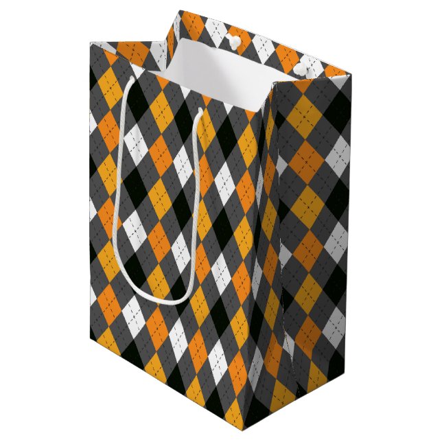 Sacola Para Presentes Média Retro Argyle Laranja Laranja Cinza Branca (Frente inclinada)