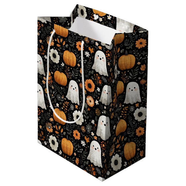 Sacola Para Presentes Média Retro Ghosts Pumpkins e Florais (Verso inclinado)