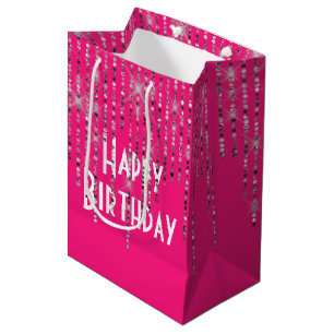 Sacola Para Presentes Média Rhinestone Bling Birthday Pink
