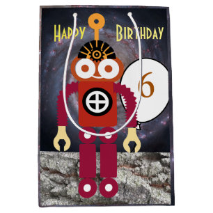Sacola Para Presentes Média Robô Cartoon Editável Aniversário Infantil