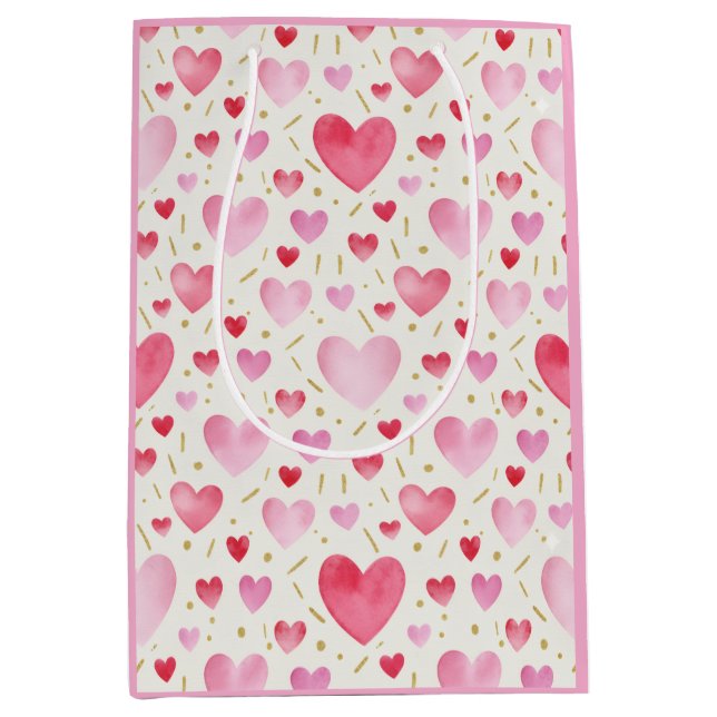 Sacola Para Presentes Média Romance Rosa Quartzo: Corações de Aquarela & Doura (Frente)