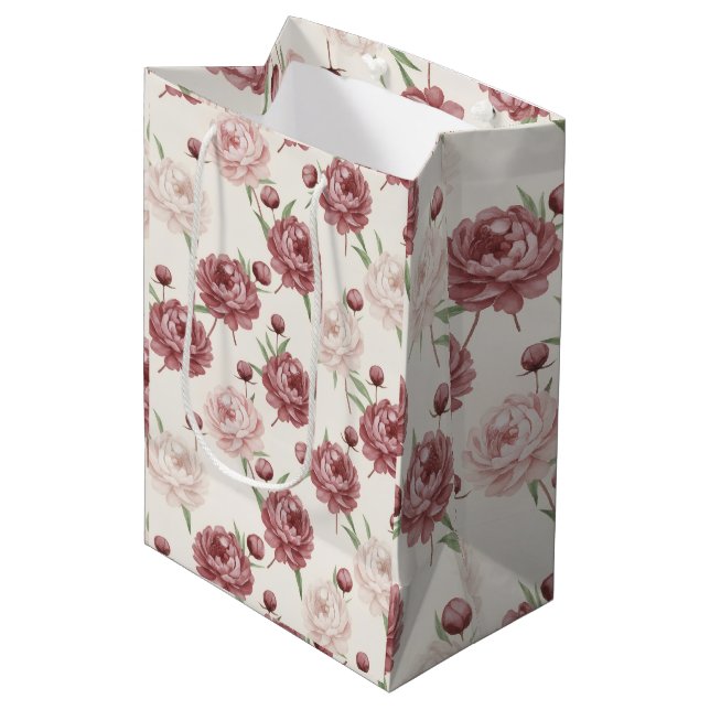 Sacola Para Presentes Média Romantic Blush & Burgundy Peony Floral Pattern (Frente inclinada)