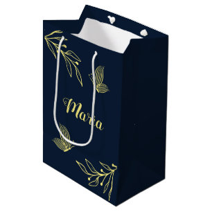 Sacola Para Presentes Média Romântico elegante flor de ouro casamento navy