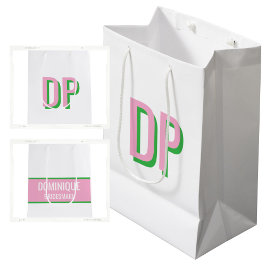Sacola Para Presentes Média Rosa Claro + Monograma Verde Damas de Honra