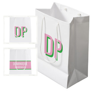 Sacola Para Presentes Média Rosa Claro + Monograma Verde Damas de Honra