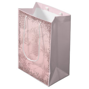 Sacola Para Presentes Média Rosa Dourado Brilhante Abacaxi Festa Tropical