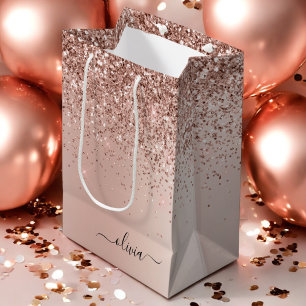 Sacola Para Presentes Média Rosa Dourado - Brilho Rosa Bege Glitter Monograma