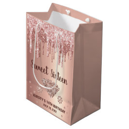 Sacola Para Presentes Média Rosa Dourado Gotejando Brilho & Doce Diamante 16
