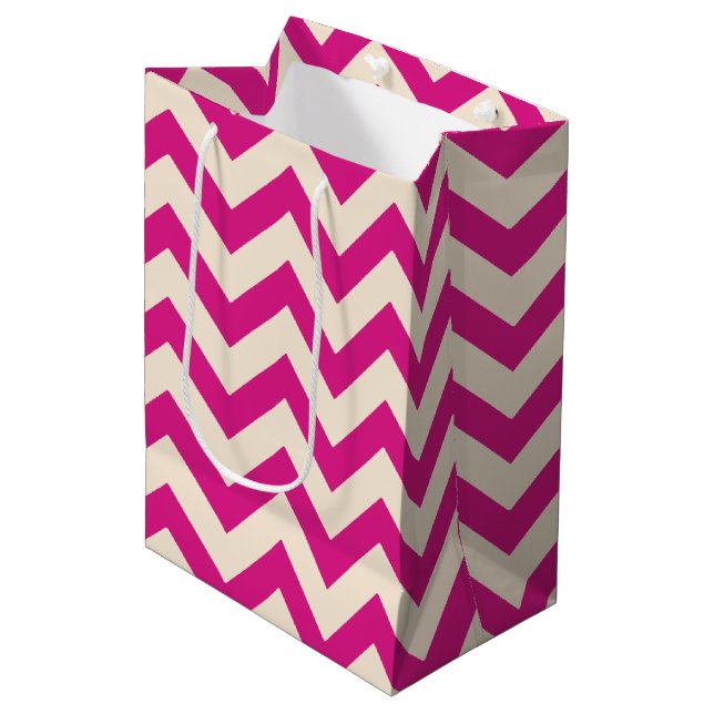 Sacola Para Presentes Média Rosa e Chevron Branco Antigo (Frente inclinada)