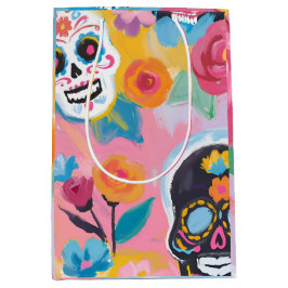 Sacola Para Presentes Média Rosa e preto Floral Dia de Muertos
