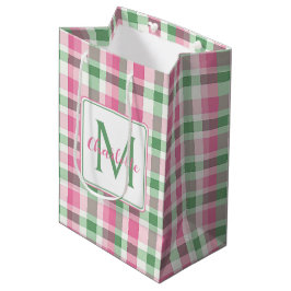 Sacola Para Presentes Média Rosa e Verde Xadrez Monograma Préppy