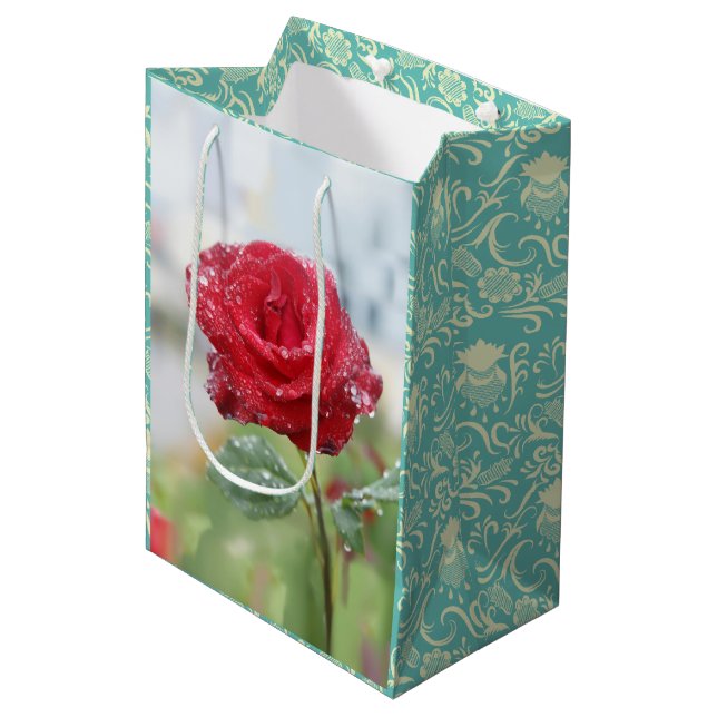 Sacola Para Presentes Média Rosa em gotas de chuva (Frente inclinada)