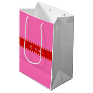 Sacola Para Presentes Média Rosa Quente Sólido #2 Nome Monograma com Laço Verm