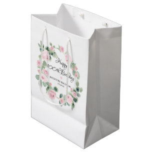 Sacola Para Presentes Média Rosa Rosa Rosa Floral Eucalyptus Wreath 100º Aniv