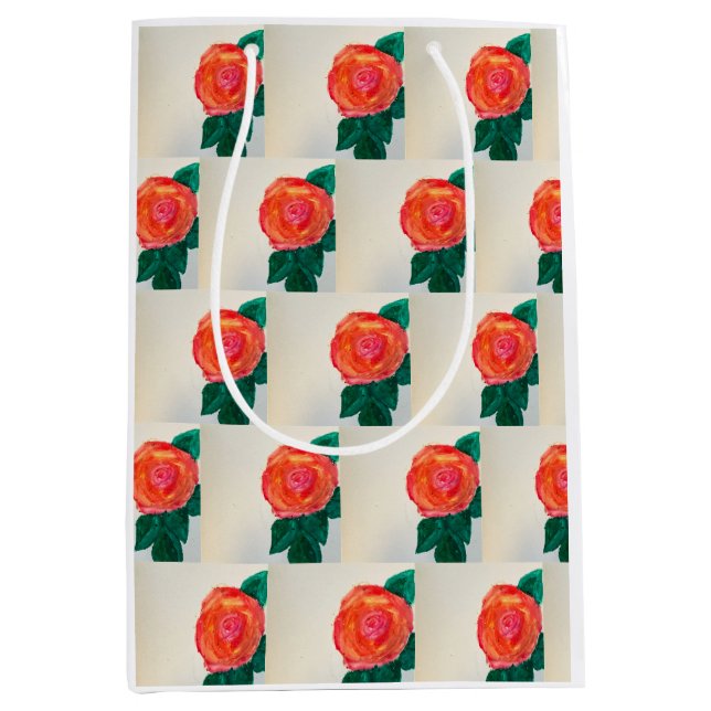 Sacola Para Presentes Média Rosa Vermelha com Folhas Verdes (Frente)