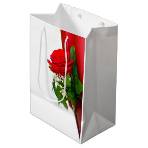 Sacola Para Presentes Média Rosa Vermelha Única – Fundo Branco Floral
